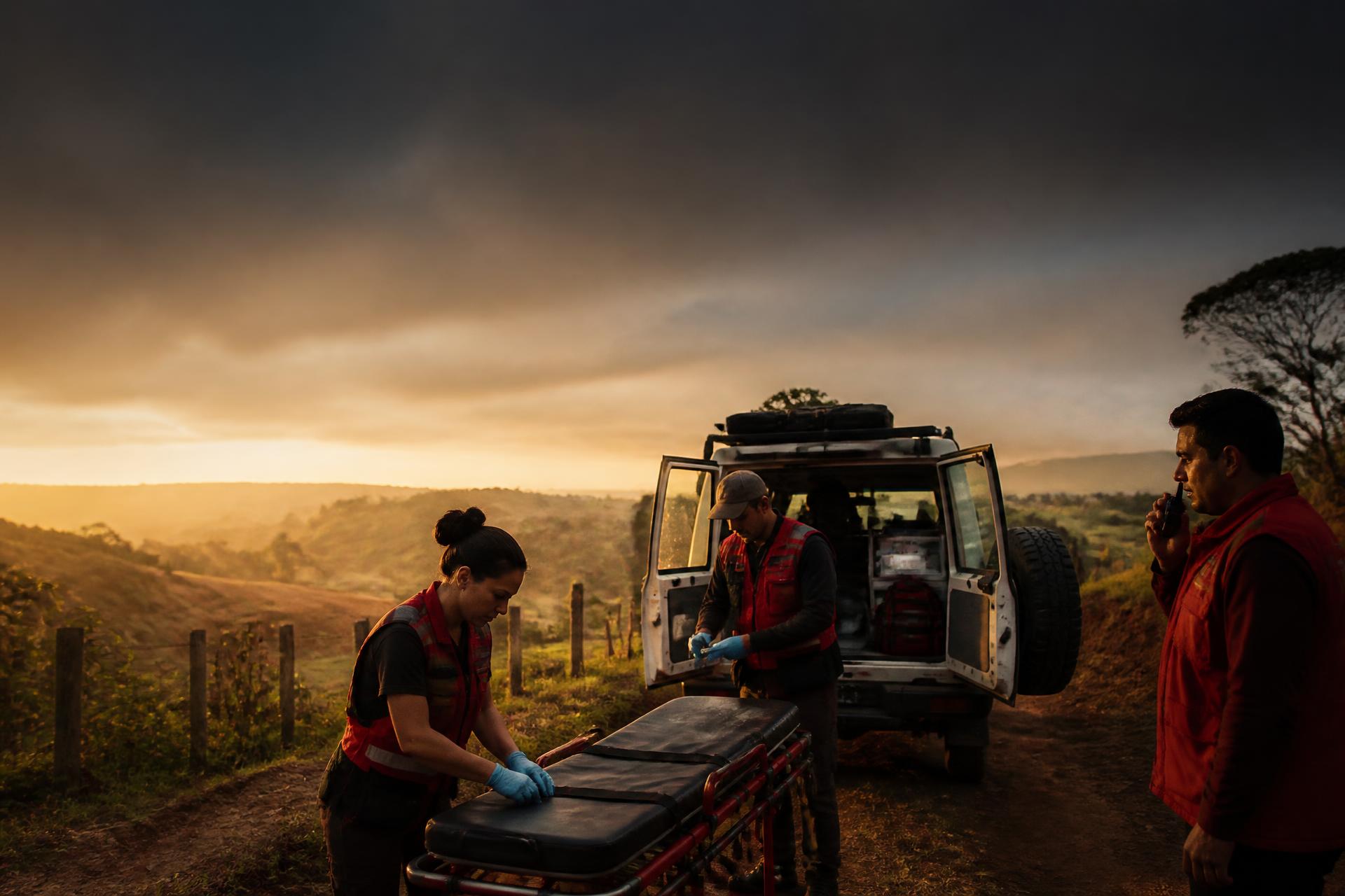 A rural transport team prepares emergency response equipment at golden hour